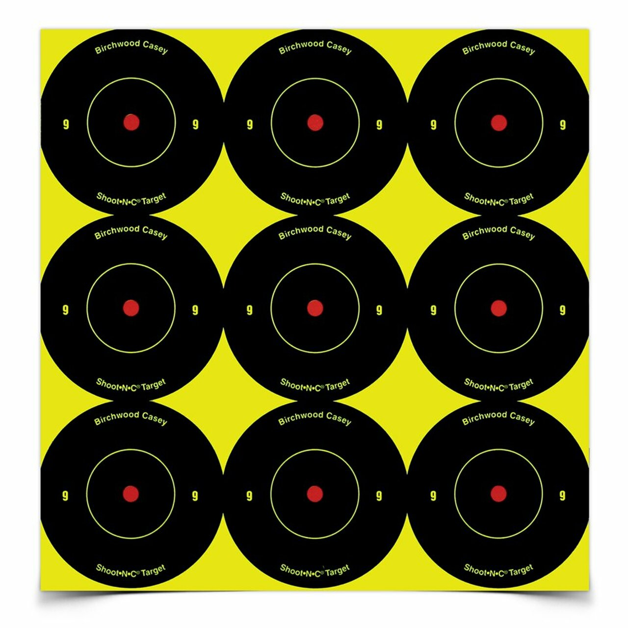 ROTHERY Birchwood Casey Shoot-N-C self-adhesive targets displayed on a surface, featuring vibrant target rings for shooting practice.