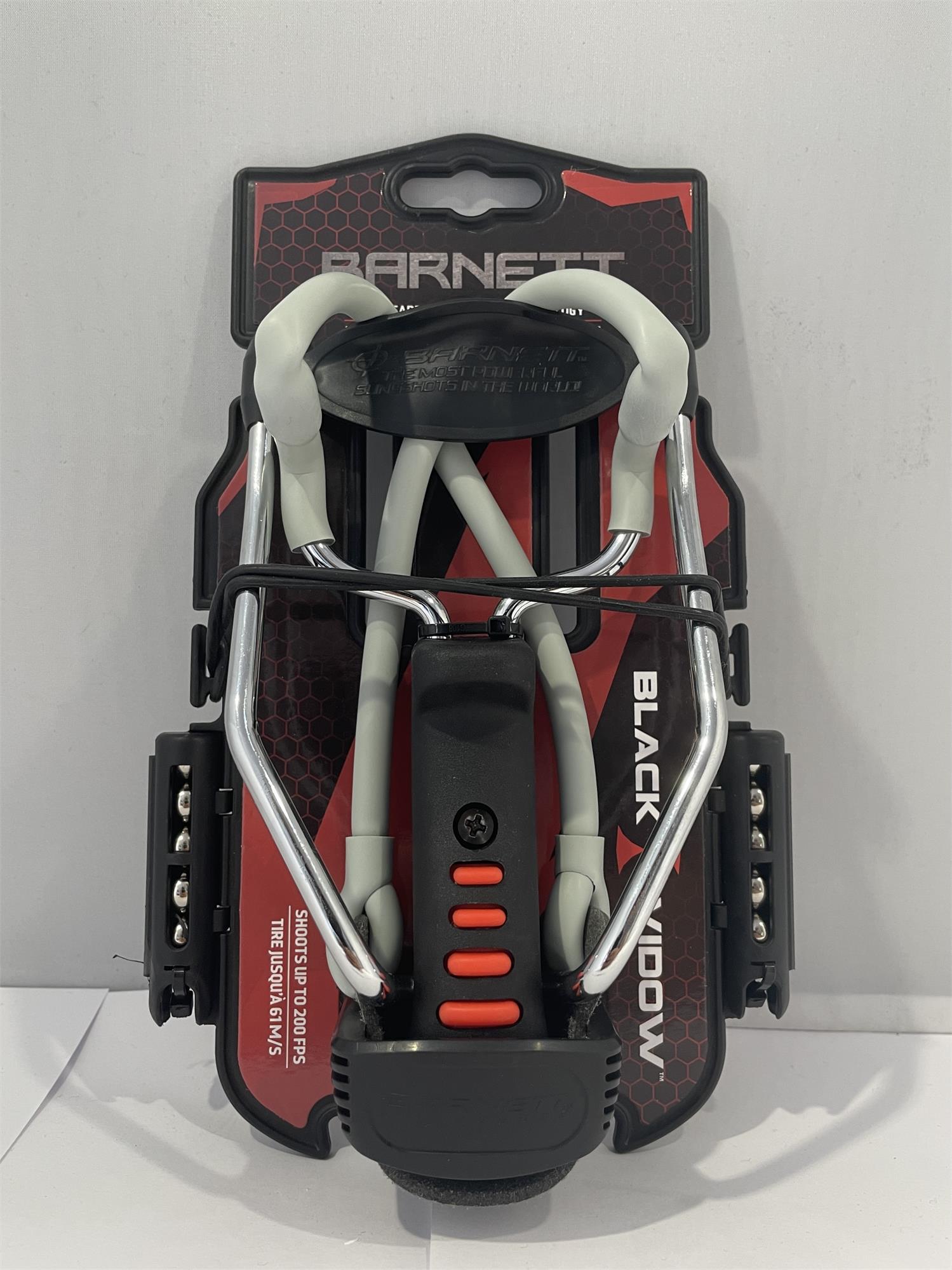 Rothery Barnett Black Widow slingshot with black Y-shaped frame and rubber bands, designed for target shooting and outdoor use.