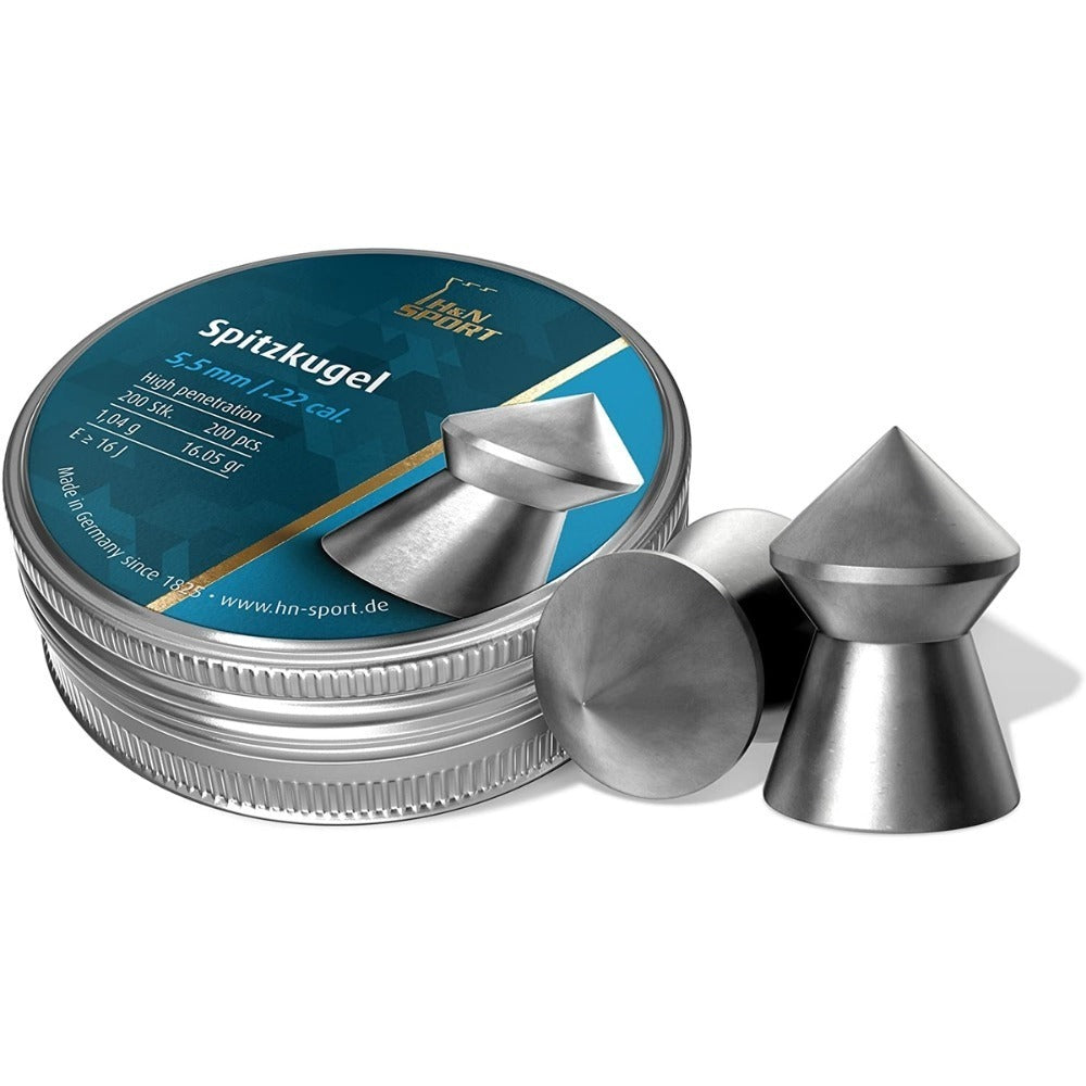 Rothery H&N Spitzkugel .22 caliber airgun pellets stacked in a container for precision shooting.