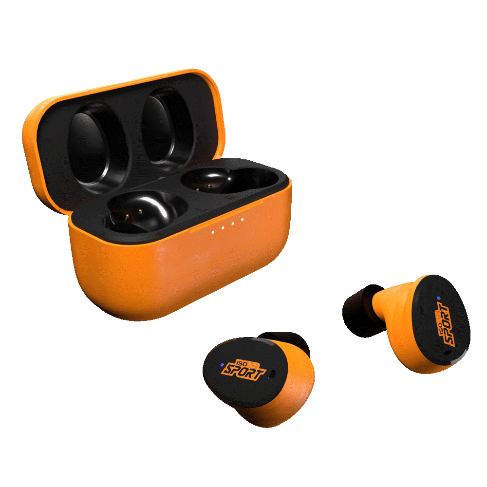 ROTHERY ISOTunes Sport Caliber earbuds in green and orange with secure fit and noise-isolating design for active use.
