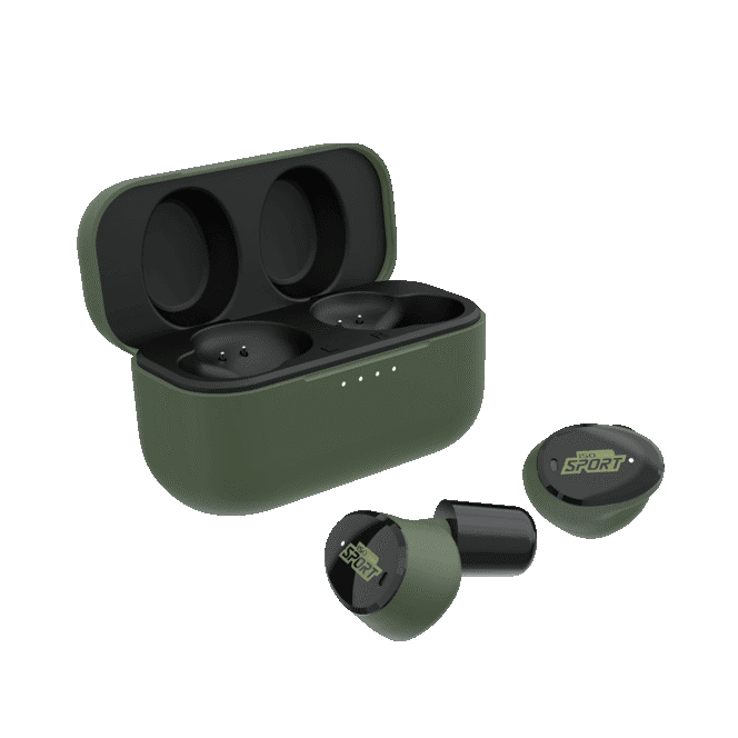 Green and orange ROTHERY ISOTunes Sport Caliber earbuds with in-ear design and secure fit, ideal for active use.