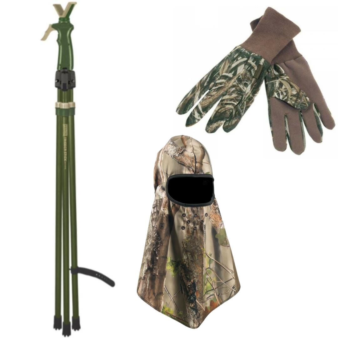 ROTHERY Primos Vital Trigger Stick with Deerhunter face mask and gloves for hunting and outdoor activities.