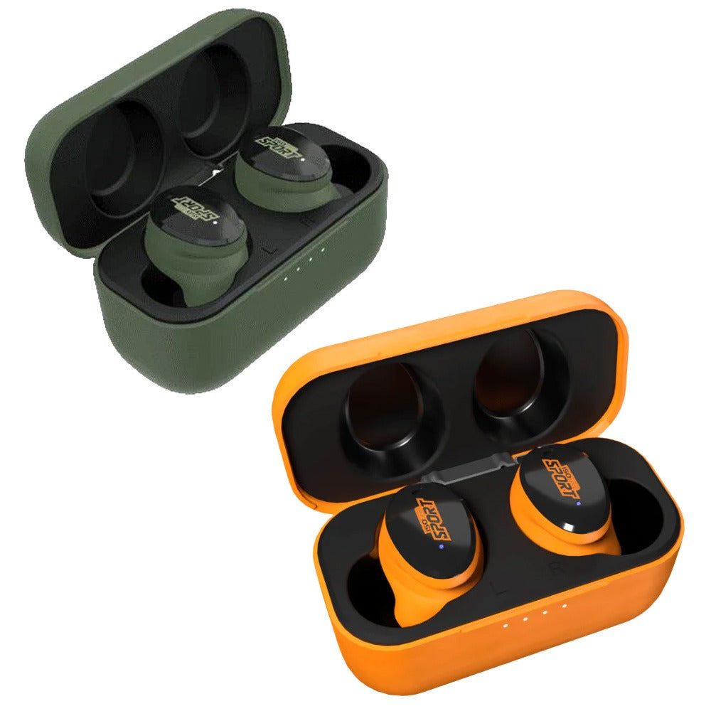 ROTHERY ISOTunes Sport Caliber earbuds in vibrant green or orange, designed for active use with secure fit and noise isolation.