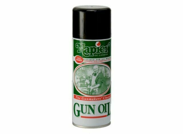 NAPIER Gun Oil 300ml bottle showing the label and applicator tip for firearm lubrication and maintenance.