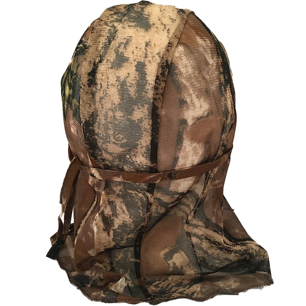Brown camo face veil by Simon, showing a close-up of the fabric with a camouflage pattern and breathable design.
