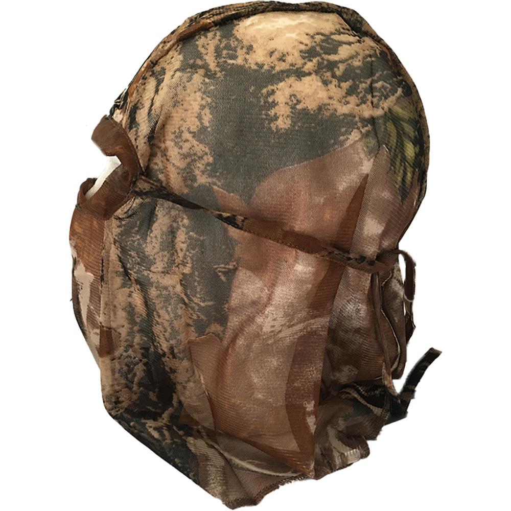 Brown camo face veil by Simon, lightweight fabric with a camouflage pattern, designed to cover the face and neck.
