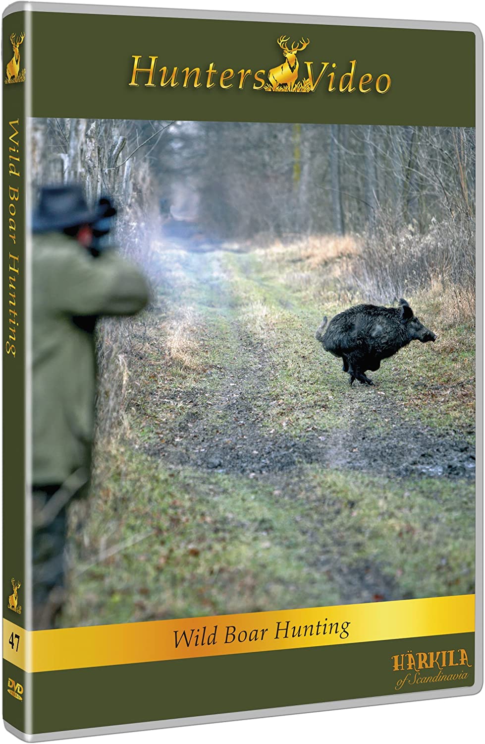 Wild Boar Hunting DVD by SPORTS MAN showing scenes of hunters and wild boars in a forest setting
