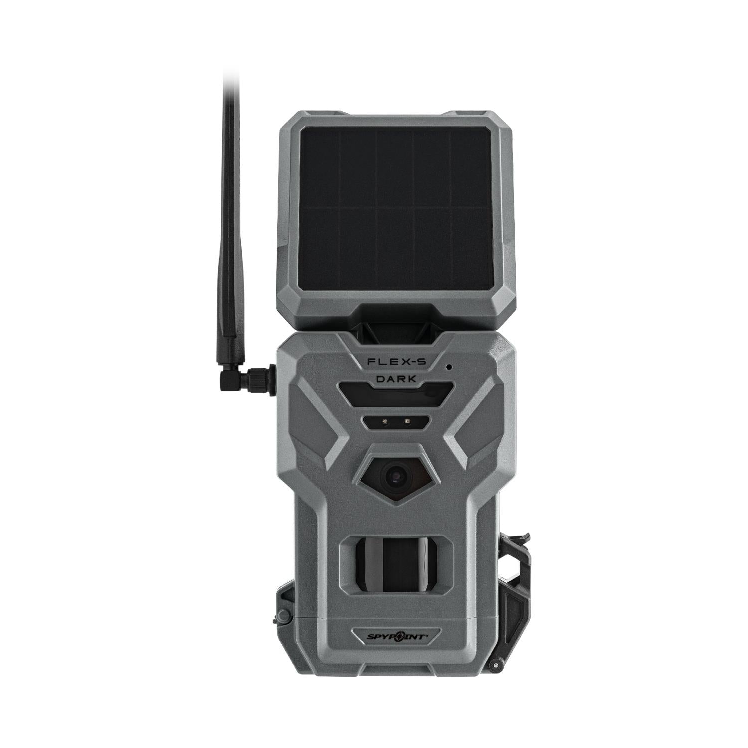 TJACKS accessories for Spypoint FLEX-S-DARK digital trail camera, showing camera close-up with dark camouflage design.