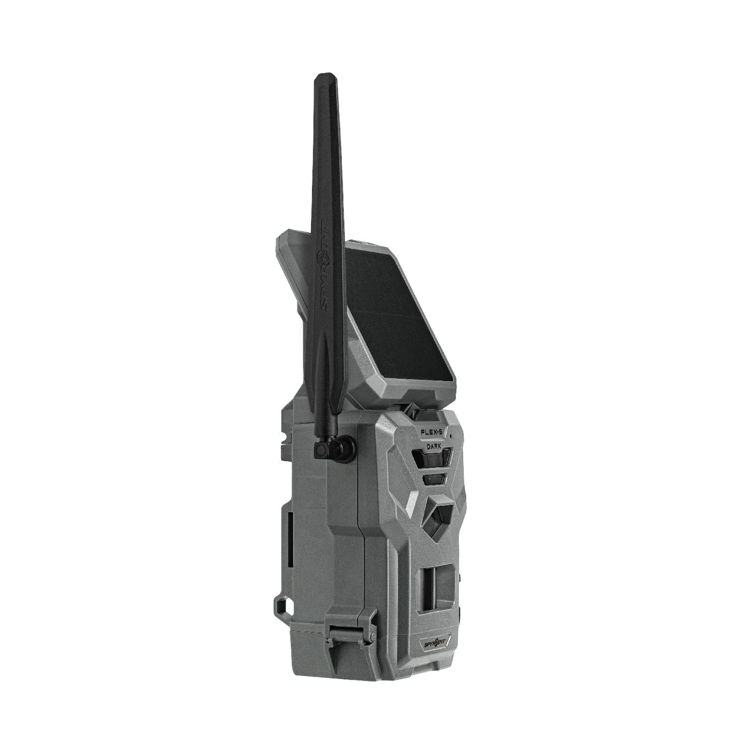 TJACKS Spypoint FLEX-S-DARK digital trail camera accessory showing the compact, dark-colored camera with lens and sensor features.