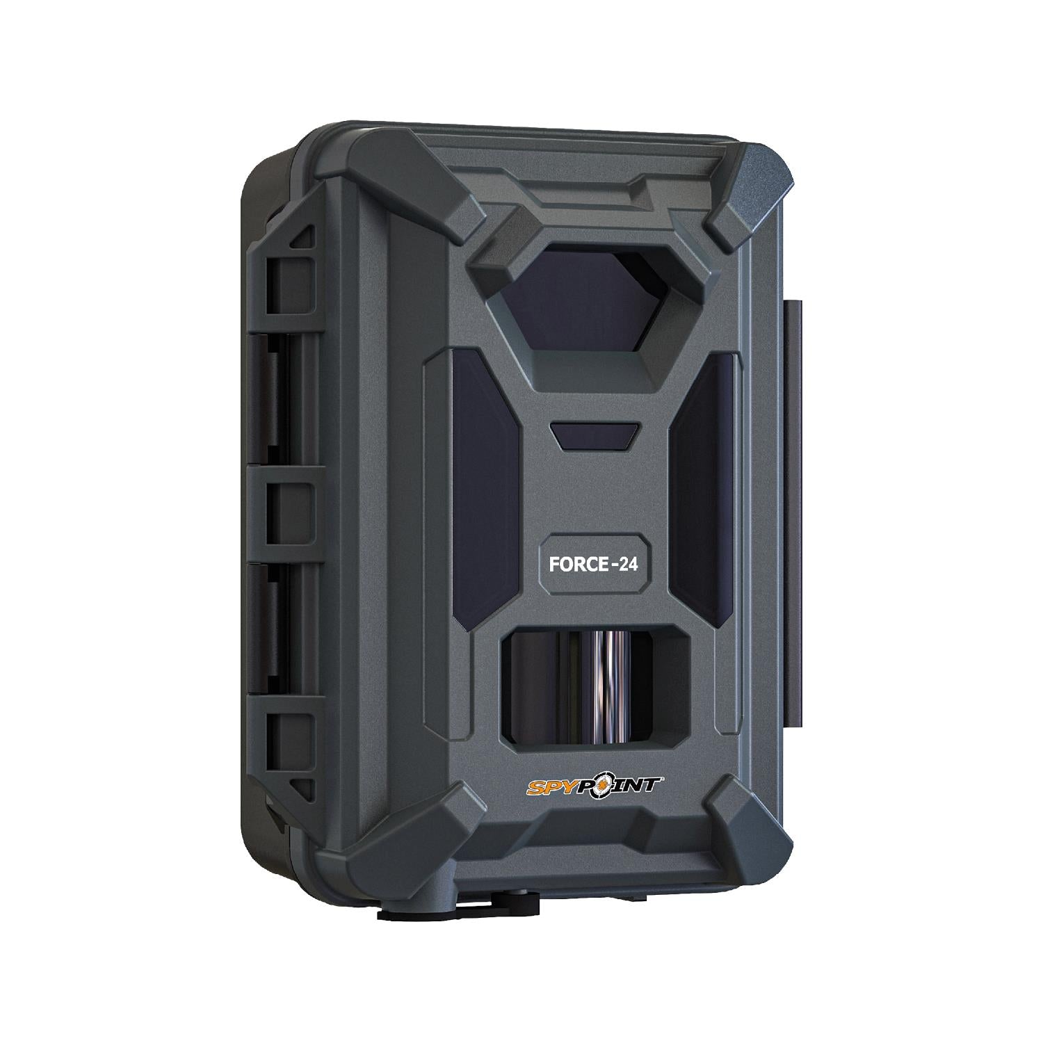 TJACKS accessories for Spypoint FORCE 24 digital trail camera, close-up of camera with lens and outdoor setup