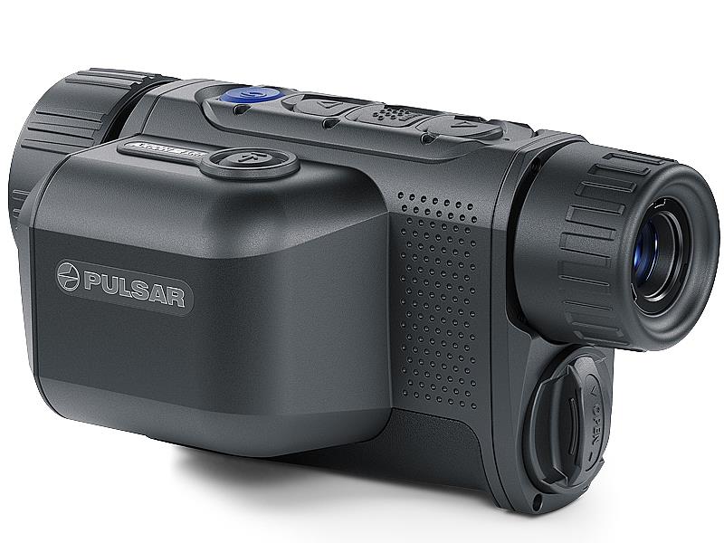 Pulsar Axion 2 LRF XQ35 thermal monocular by TJACKS showing the compact device with lens and control buttons.