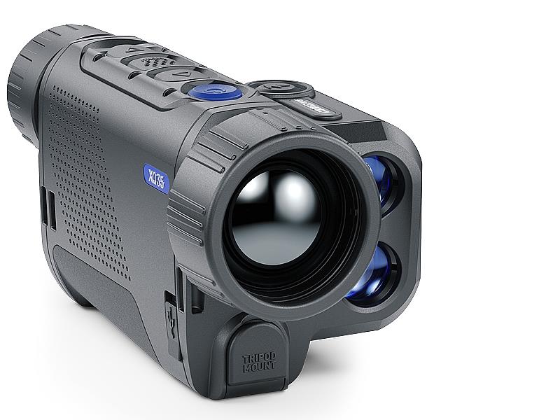 Pulsar Axion 2 LRF XQ35 thermal monocular by TJACKS showing compact design with lens and control buttons for thermal imaging.