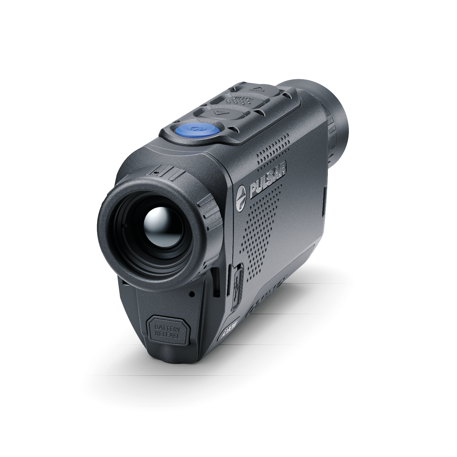 Pulsar Axion Compact XQ30 PRO thermal monocular by TJACKS, showing the device with lens and control buttons.
