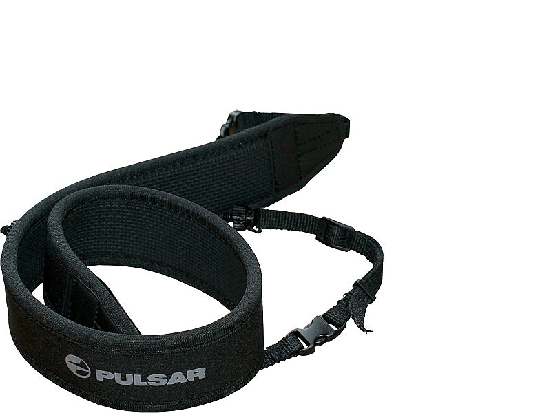 TJACKS Pulsar neck strap shown in black with adjustable length and padded design for comfortable wear.