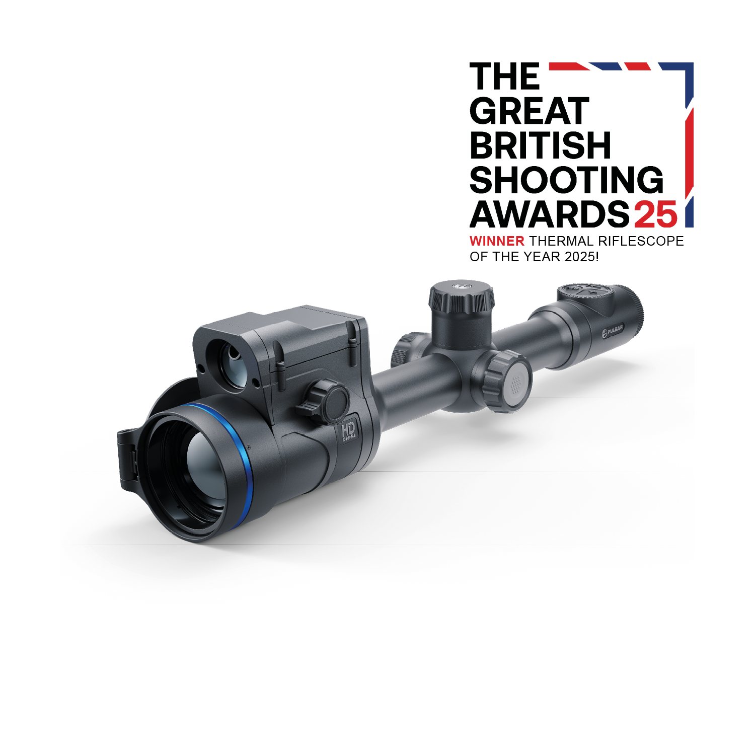 Thermion 2 LRF XL50 thermal rifle scope by TJACKS, showing the scope with adjustable reticle and thermal imaging lens.