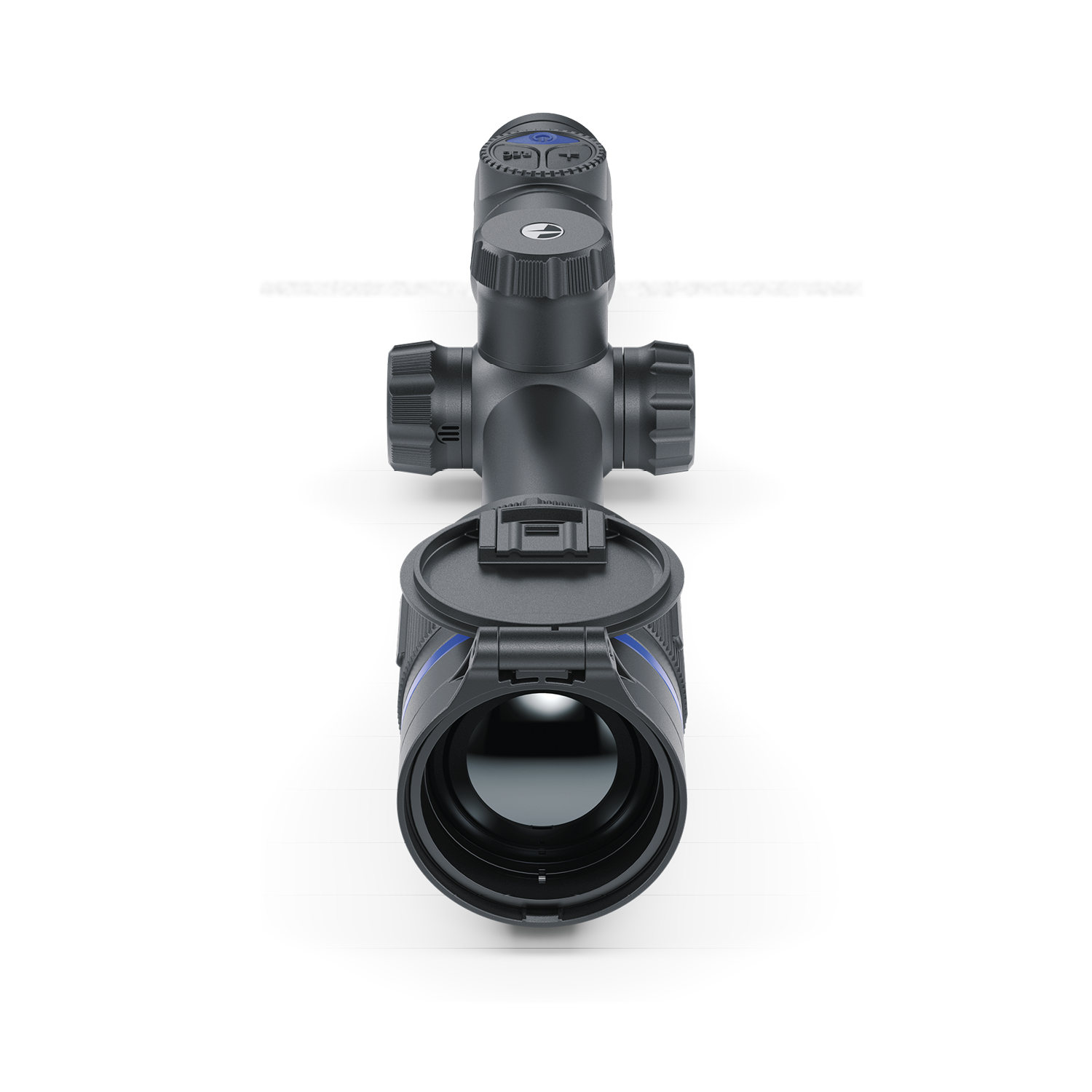 TJACKS Pulsar Thermion 2 XG50 thermal rifle scope with high-zoom lens, black finish, mounted on a rifle for nighttime hunting.