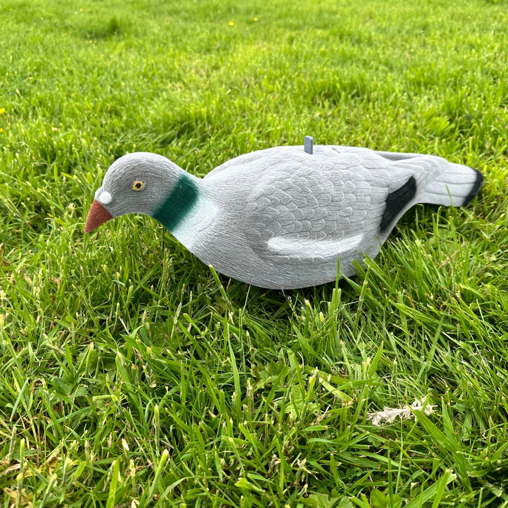 Extra large WINDY Magnum flocked pigeon decoy shell used for hunting or bird control, showing realistic painted design and flocked surface.