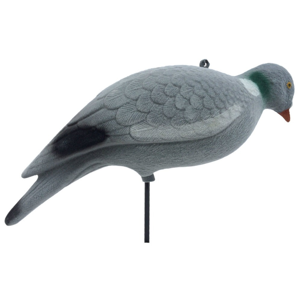 Full-bodied flocked feeding pigeon decoy by WINDY with realistic no-shine finish and ground peg for outdoor bird control.
