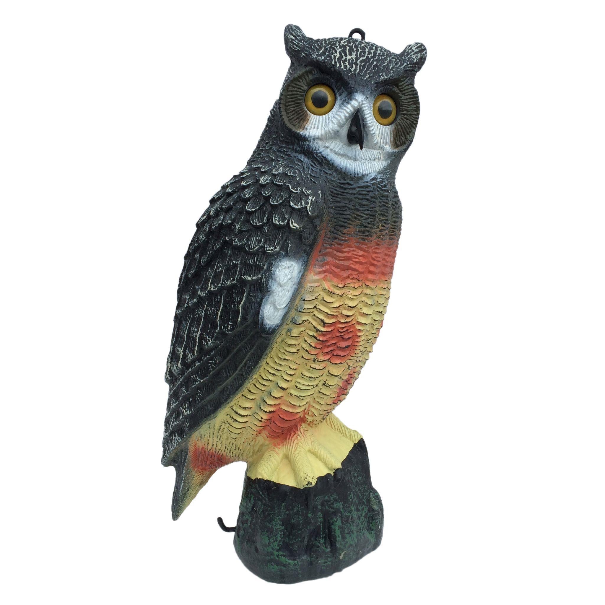 Large WINDY owl decoy bird scarer depicting a full-body pigeon and crow deterrent for pest control in gardens.