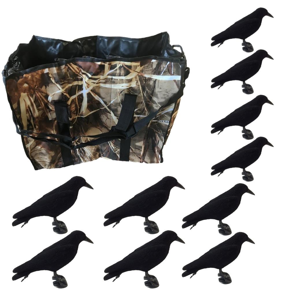 Set of 10 flocked full-body crow decoys with carry bag for hunting or outdoor use by WINDY.