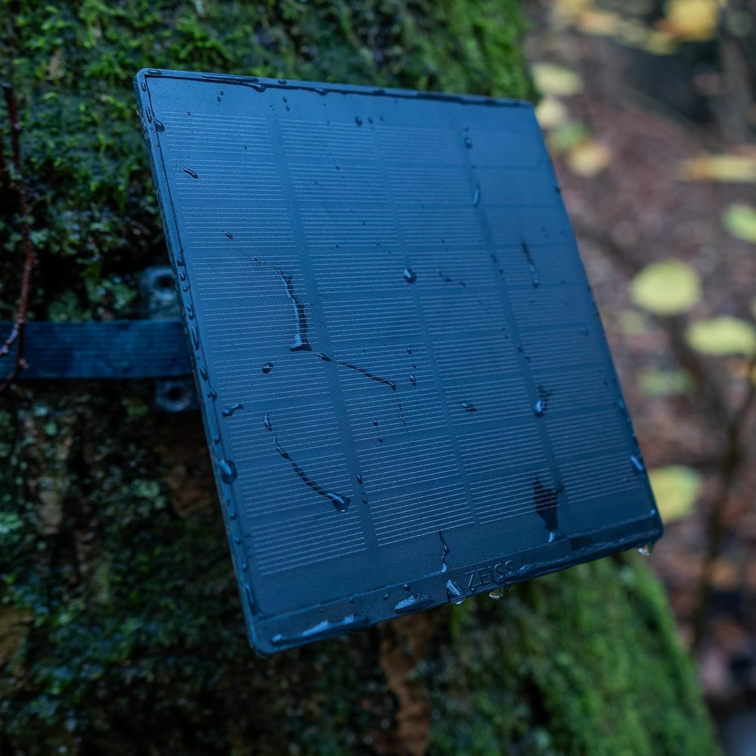 ZEISS Solar Panel Mini 5000 mAh solar charger showing compact design with solar cells and USB port for mobile device charging.