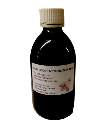 Specially formulated wild boar attractor, pungent&nbsp;smell entices boar exactly where you need them.Watch the video below with the grouping boar rubbing up against the fallen tree where the attractor has been placed.Simply pour/paint on to the lower part of a tree to attract boar (be careful as the tree will get damaged)