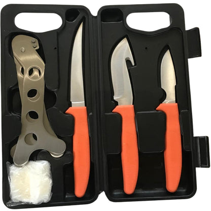 Set of knives with orange handles in a black case on a white background