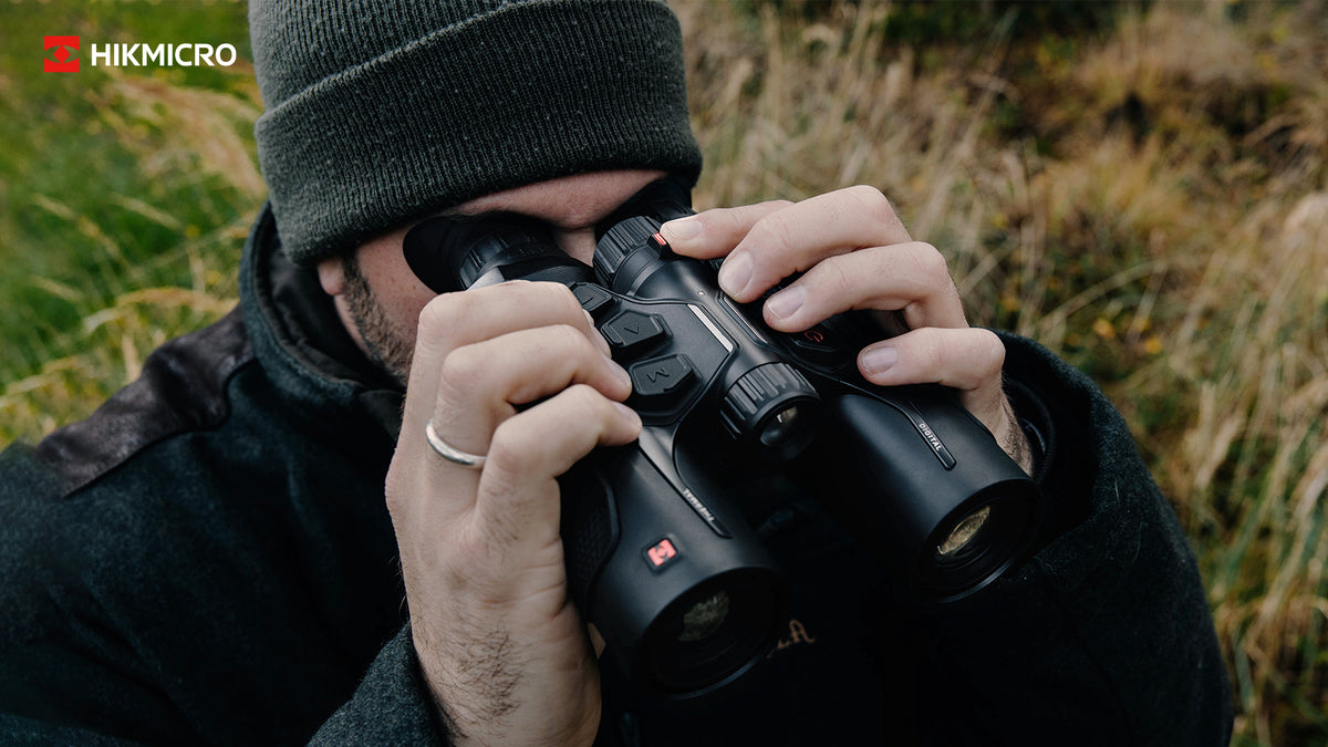 ELITE Habrok 4K HH35L 2.0 Thermal Binoculars showing dual eyepiece and thermal imaging display for outdoor surveillance