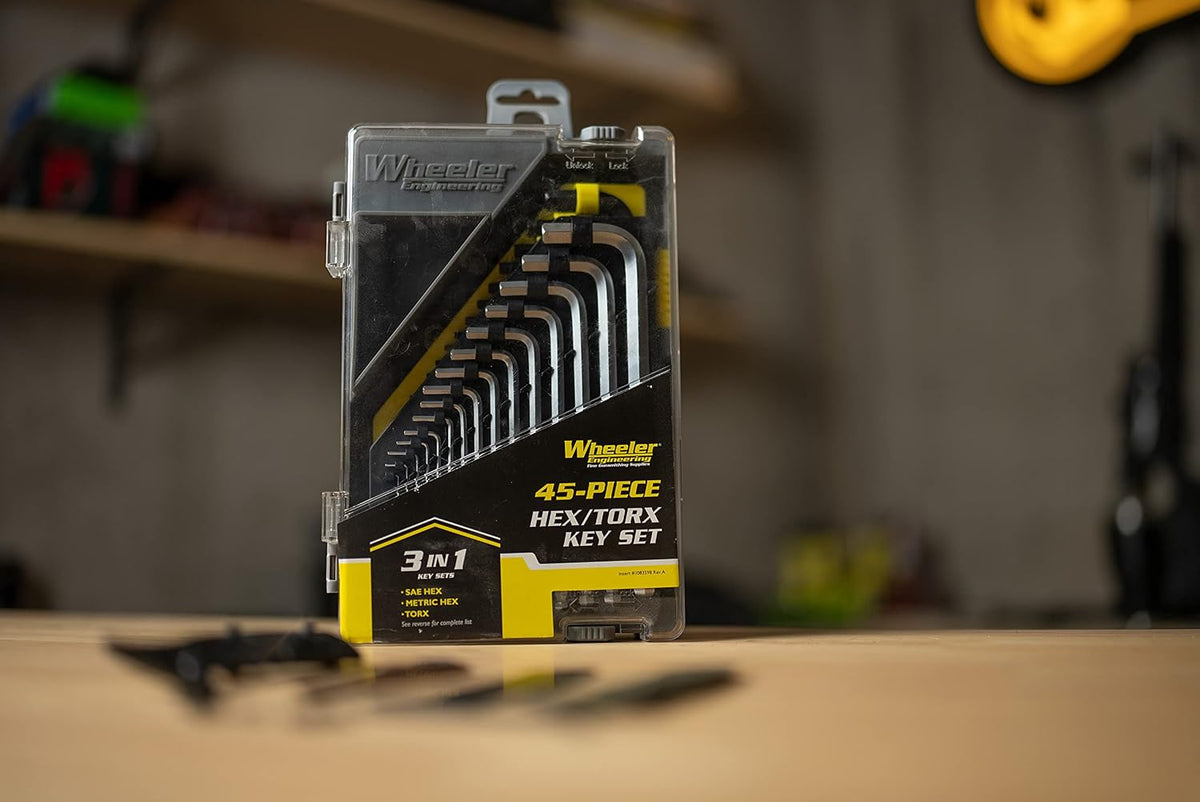 A1 DECOY LTD Wheeler 45-piece hex and Torx key set with various sizes arranged in a plastic case on a white background.
