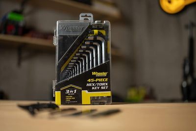 A1 DECOY LTD Wheeler 45-piece hex and Torx key set with various sizes arranged in a plastic case on a white background.