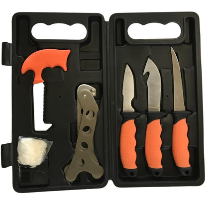 Set of knives with orange handles in a black case on a white background