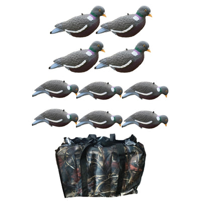 A set of HD pigeon decoys displayed in two rows with the top row showing four sentry decoys in flight position and the bottom row showing two feeding decoys. Included is a camo decoy carry bag with a camouflage pattern.