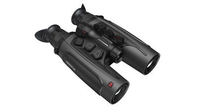 ELITE Habrok 4K HH35L 2.0 thermal binoculars showing dual eyepieces and thermal imaging display in a natural outdoor setting