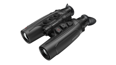 ELITE Habrok 4K HH35L 2.0 thermal binoculars showing dual eyepieces and thermal imaging display in a natural outdoor setting.