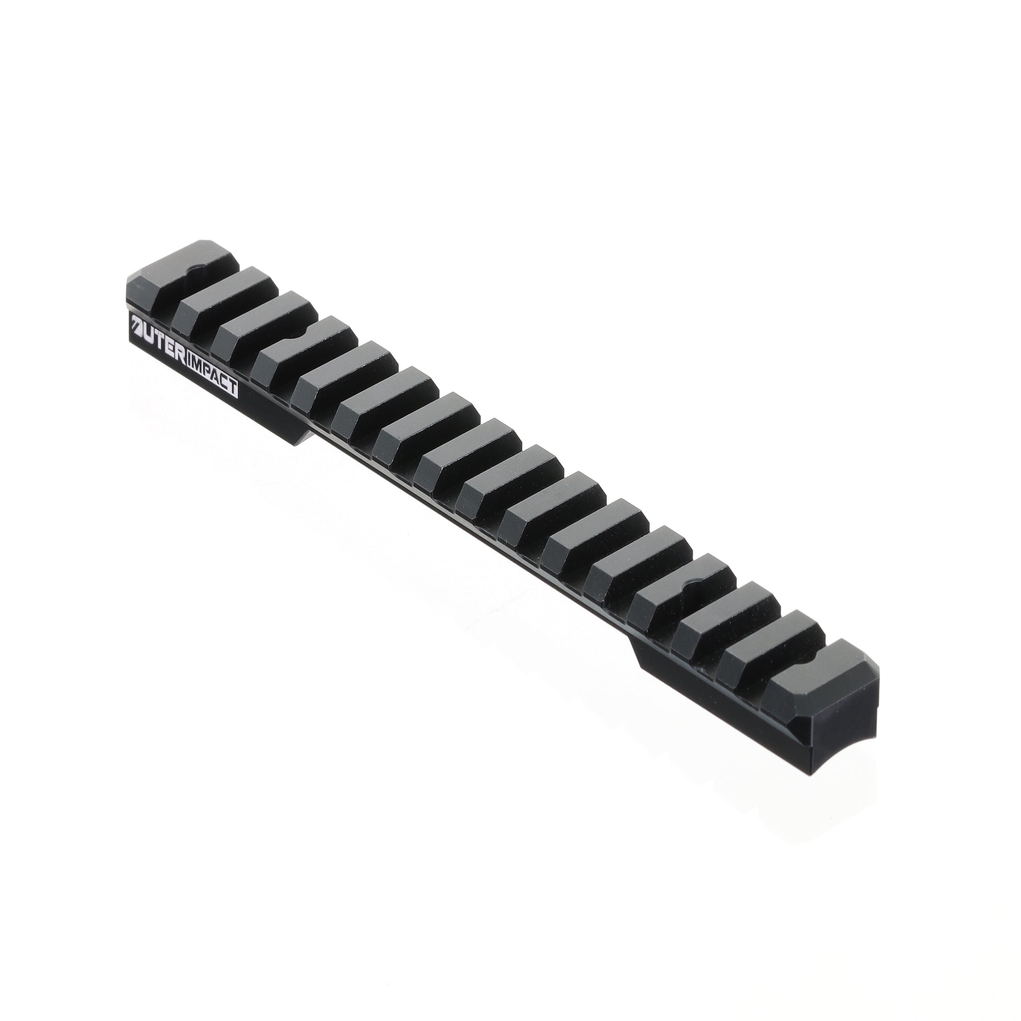Black metal picatinny rail on a white background