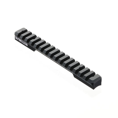Black metal picatinny rail on a white background