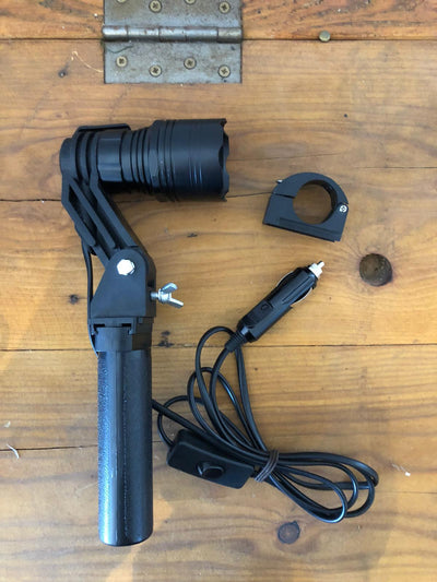A1 Decoy LED handheld and scope-mounted lamp with 300m+ beam distance, shown in use for outdoor or tactical illumination.
