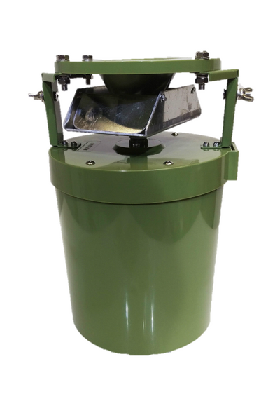 Round plastic auto feeder by DALE, 12V/6V battery-powered automatic game feeder with charger, designed for wildlife feeding.