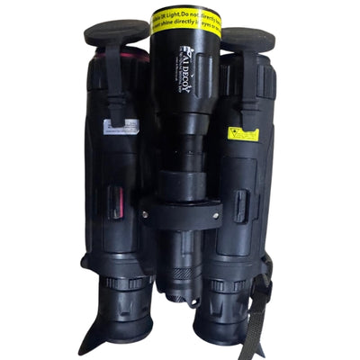 HIKMICRO HABROK 4K 2.0 thermal binoculars with LRF and 940 IR torch, mounted on a kit for nighttime outdoor observation.