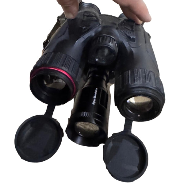HIKMICRO HABROK 4K 2.0 thermal binoculars with integrated laser rangefinder and 940nm IR torch mounted on a kit.