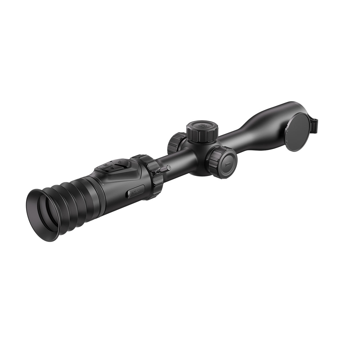 HIKMICRO Alpex A50P non-LRF digital day and night rifle scope mounted on a firearm, showcasing its lens and control features.