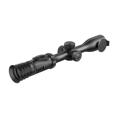 HIKMICRO Alpex A50P non-LRF digital day and night rifle scope mounted on a firearm, showcasing its lens and control features.