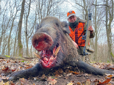 Wild boar hunting trip in Hungary with A1 Decoy Ltd, showcasing hunting gear and scenic outdoor landscape.