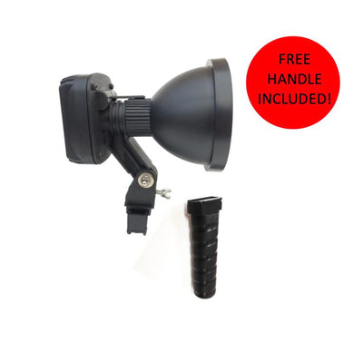 A1 Decoy LTD LED green handheld and scope-mounted lamp with adjustable handle and light beam for outdoor or hunting use.