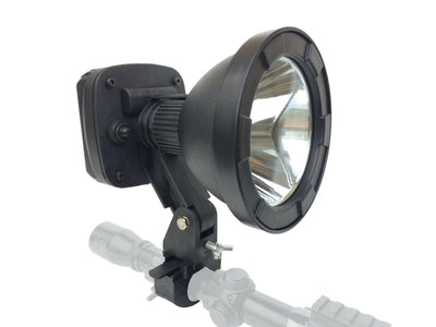 Green LED handheld and scope-mounted lamp by A1 Decoy Ltd, showing a portable flashlight with adjustable focus.
