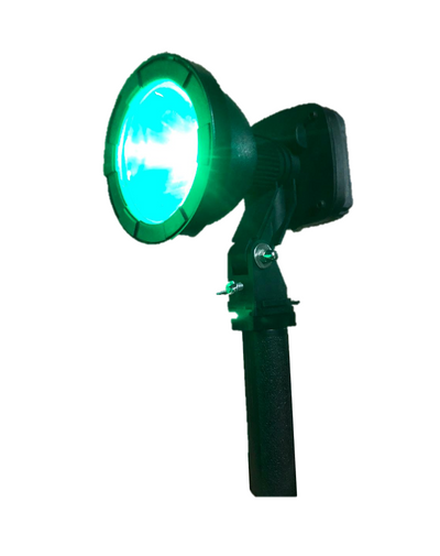 A1 Decoy Ltd LED green handheld and scope-mounted lamp with adjustable handle and mounting features for outdoor use.
