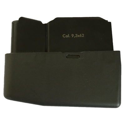 Merkel Helix 5-round magazine for 9.3 x 62 caliber rifle, black polymer with metal feed lips, designed for secure firearm loading.