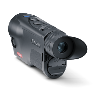Pulsar Oryx LRF XG35 hunting rifle scope with adjustable zoom and illuminated reticle, mounted on a rifle for precision targeting.