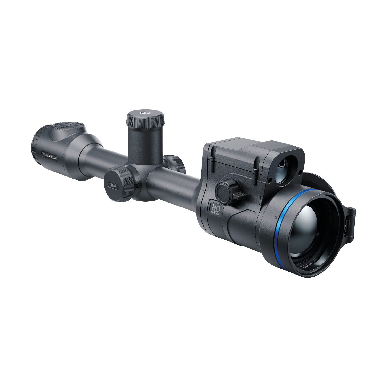 Pulsar Thermion 2 LRF XL60 thermal rifle scope by A1 DECOY LTD showing its lens and control buttons in close-up view.