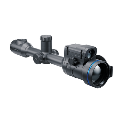 Pulsar Thermion 2 LRF XL60 thermal rifle scope by A1 DECOY LTD showing its lens and control buttons in close-up view.